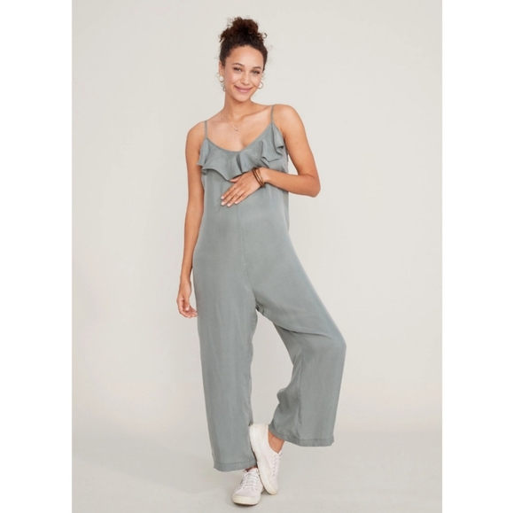 HATCH Maternity Frankie Green Sleeveless Wide Leg Ruffle Jumpsuit - Picture 2 of 13